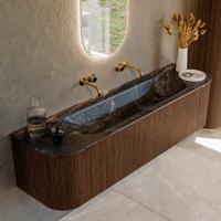 Badmeubel Mondiaz Kurve-Dlux | 170 cm | Meubelkleur Walnut | Wastafelkleur Lava | Solid surface | Midden spoelbak | Zonder kraangat(en)