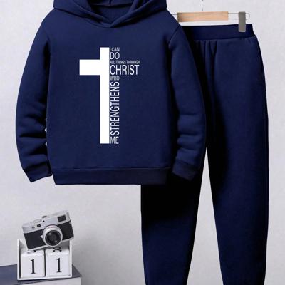 Tween Boy Black Fleece Hoodie and Pants Set - Cross Print 2pcs Navy Blue / 8Y