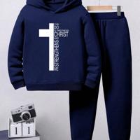 Tween Boy Black Fleece Hoodie and Pants Set - Cross Print 2pcs Navy Blue / 8Y