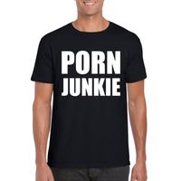 Porn junkie tekst t-shirt zwart heren - thumbnail