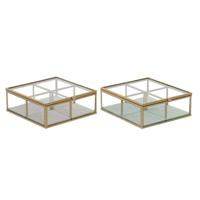 Doos-Juwelenkistje DKD Home Decor Groen Lichtgrijs Metaal Kristal 15 x 15 x 5,5 cm (2 Stuks)