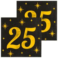 Verjaardag feest servetten - leeftijd 25 jaar - 32x stuks - zwart/goud - sterren - 33 x 33 cm