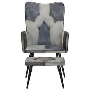 The Living Store Loungefauteuil met Voetenbank - Grijs - 55x43x97cm - Echt leer