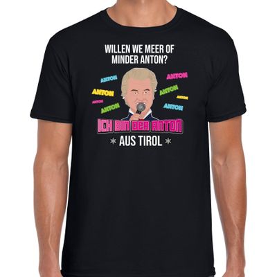 Apres ski t-shirt voor heren - meer of minder Anton - zwart - wintersport - Wilders - politiek