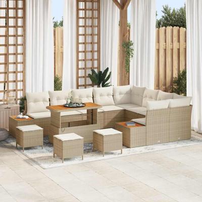 13-delige Tuinbankenset met kussens poly rattan acacia beige