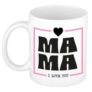 Cadeau koffie/thee mok voor mama - wit/roze - ik hou van jou - keramiek - Moederdag   -