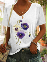 Pansies Floral Casual Cotton-Blend T-Shirt - thumbnail