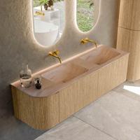 Badmeubel Mondiaz Kurve-Dlux | 155 cm | Meubelkleur Oak | Wastafelkleur Saba | Solid surface | Dubbel / Rechts spoelbak | Zonder kraangat(en)
