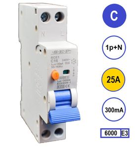 Aardlekautomaat 25A C KAR 300mA 2 polig 18mm breed Kema Keur 230V automaat en aardlek in een module