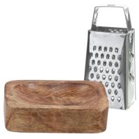 Amberblokjes/geurblokjes accessoire set - kleine rasp en schaaltje - zilver/mango hout