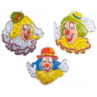 Carnaval/party decoratie borden - 3x Clown hoofden - wand/muur versiering - 50 x 50 cm - plastic - thumbnail