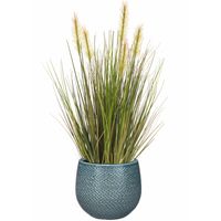 Kunstplant groen rietgras sprieten 45 cm in luxe Gabriel ribbel bloempot blauw