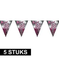 Sweet 16 Sixteen vlaggenlijn slinger - 5x stuks - plastic - 10 meter - versiering - roze/zilver