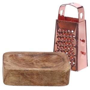 Amberblokjes/geurblokjes accessoire set - kleine rasp en schaaltje - rose goud/mango hout