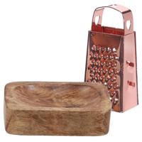 Amberblokjes/geurblokjes accessoire set - kleine rasp en schaaltje - rose goud/mango hout