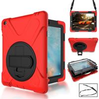 360 graden rotatie siliconen beschermhoes met houder en hand riem en lange riem voor iPad 5/iPad Air (rood)
