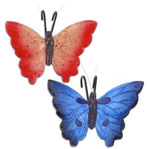 Tuindecoratie bloempothangers vlinder - set 2x - blauw/rood - kunststeen - 13 x 10 cm