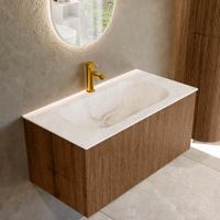 Badmeubel Mondiaz Kurve-Dlux | 90 cm | Meubelkleur Walnut | Wastafelkleur Frappe | Solid surface | Midden spoelbak | 1 kraangat