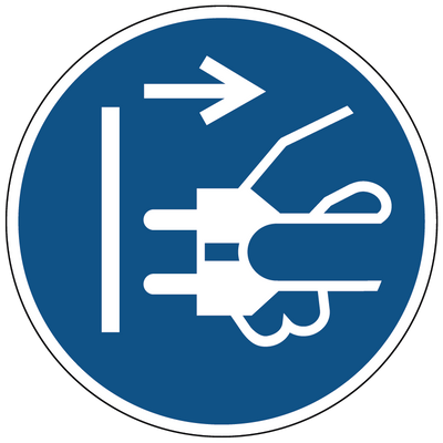 Voor het openen stekker uit stopcontact trekken gebods- Ø 100 mm - Kunststof bord