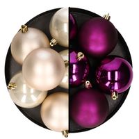 Kerstballen - 12x st - 8 cm - champagne en paars - kunststof - thumbnail