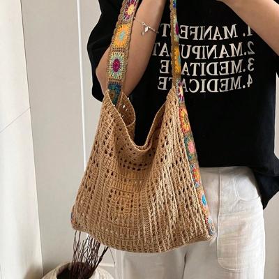 Retro Floral Knitted Shoulder Bag - Beige Hollow Out Beach Purse Khaki