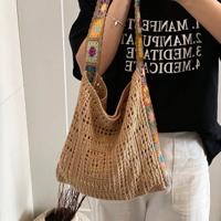 Retro Floral Knitted Shoulder Bag - Beige Hollow Out Beach Purse Khaki