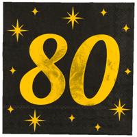 Verjaardag feest servetten - leeftijd 80 jaar - 16x stuks - zwart/goud - sterren - 33 x 33 cm