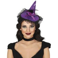 Halloween heksenhoed - op diadeem/haarband - paars - meisjes/dames