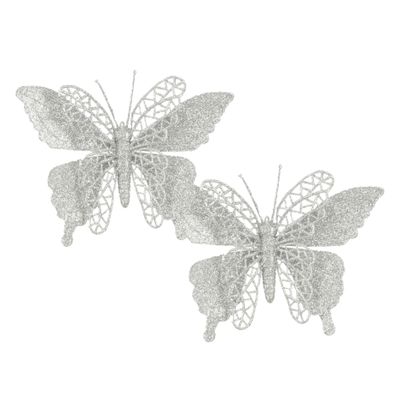 Decoratie vlinders op clip - 2x stuks - zilver - 16 cm - kunststof
