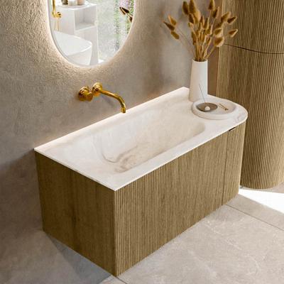 Badmeubel Mondiaz Kurve-Dlux | 95 cm cm | Meubelkleur Dusk | Wastafelkleur Frappe | Solid surface | Wasbak links zijde spoelbak | Zonder kraangat(en)
