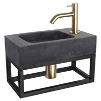 Differnz fonteinset bombai black - natuursteen - kraan gebogen - met handdoekrek - 40 x 22 x 9 cm - mat goud