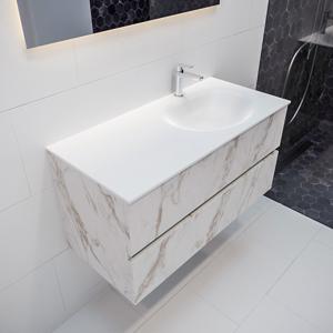 Mondiaz Vica Moon badmeubel wit carrara mat 100 cm 2 lades solid surface enkele spoelbak rechts 1 kraangat