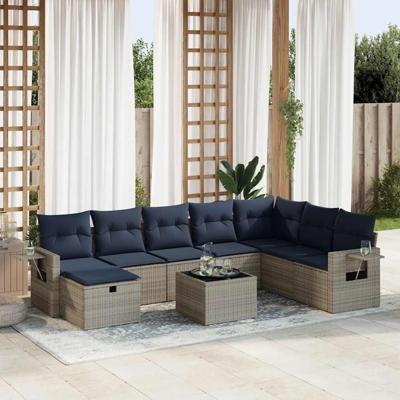 9-delige Loungeset met kussens poly rattan grijs