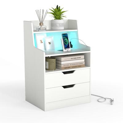 Nachtkastje met Ledverlichting en Oplaadstation Bijzettafel met 2 Lades en Open Vak Wit
