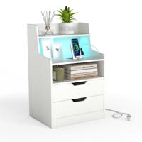 Nachtkastje met Ledverlichting en Oplaadstation Bijzettafel met 2 Lades en Open Vak Wit