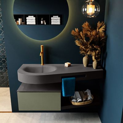 MONDIAZ RIVA 120cm badmeubel onderkast / planchet kleur Army met 1 lade. Wastafel DULCET links 1 kraangat kleur Dark_Grey. MONDIAZ RIVA 120cm badmeubel onderkast / planchet kleur Army met 1 lade. Wastafel DULCET links 1 kraangat kleur Dark_Grey.