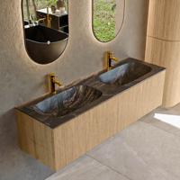 Badmeubel Mondiaz Kurve-Dlux | 150 cm | Meubelkleur Oak | Wastafelkleur Lava | Solid surface | Dubbele spoelbak | 2 kraangaten