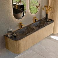 Mondiaz KURVE-DLUX 170 cm Onderkast Greeploos 1 Lade Met Deuren Oak, Wastafel Solid Surface Dubbel Lava 2 Kraangaten Zonder Spiegel (KRVLEA170L+R1L2D2KD-Oak/Lav)