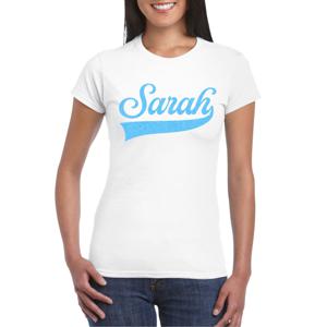 Verjaardag cadeau T-shirt voor dames - Sarah - wit - glitter blauw - 50 jaar