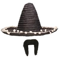 Carnaval verkleed set - Mexicaanse sombrero hoed met plaksnor - zwart - heren