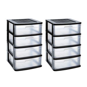 2x stuks ladeblok/bureau organizer met 4x lades zwart/transparant L40 x B39 x H65 cm