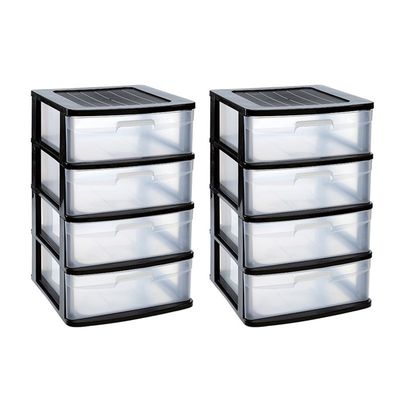 2x stuks ladeblok/bureau organizer met 4x lades zwart/transparant L40 x B39 x H65 cm