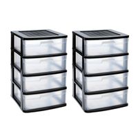 2x stuks ladeblok/bureau organizer met 4x lades zwart/transparant L40 x B39 x H65 cm