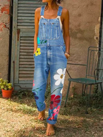 Casual Sleeveless Denim Floral Floral-Print One-Pieces - thumbnail