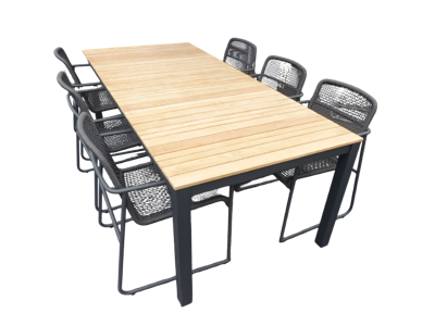 Set van Arashi tafel 220x100x76 cm grijs/teak en 6 Mira stoelen lava - Yoi