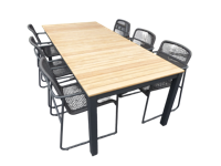 Set van Arashi tafel 220x100x76 cm grijs/teak en 6 Mira stoelen lava - Yoi