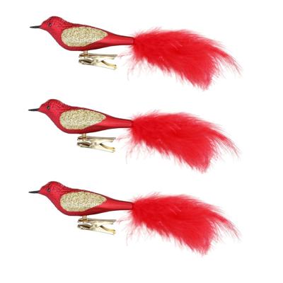 Inge Glas kerst decoratie vogels - 3x stuks - op clip - van glas - rood - 20 cm - kerstversiering