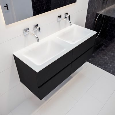 Mondiaz Vica Cloud badmeubel zwart mat 120 cm 4 lades solid surface dubbele spoelbak zonder kraangat