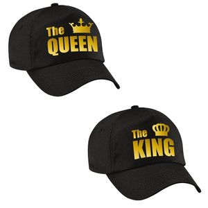 The King / The Queen petten zwart met gouden kroon voor koppels