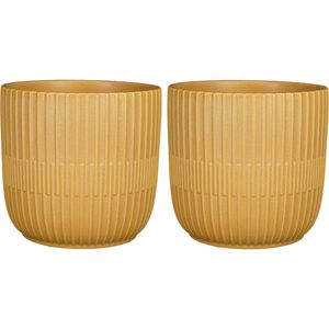 2x Stuks Plantenpot/bloempot keramiek mat okergeel stripes patroon - D19/H18 cm